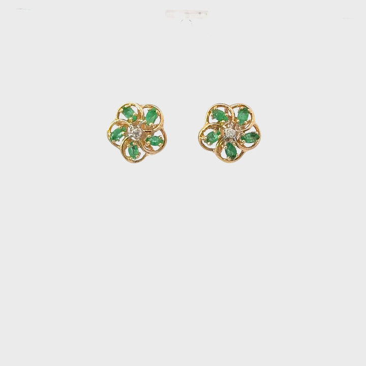 Vintage Emerald & Diamond Earrings in 14K Yellow Gold
