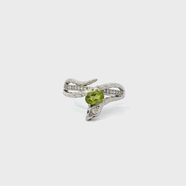 Peridot & Clear Zircon Snake Adjustable Ring in Sterling Silver