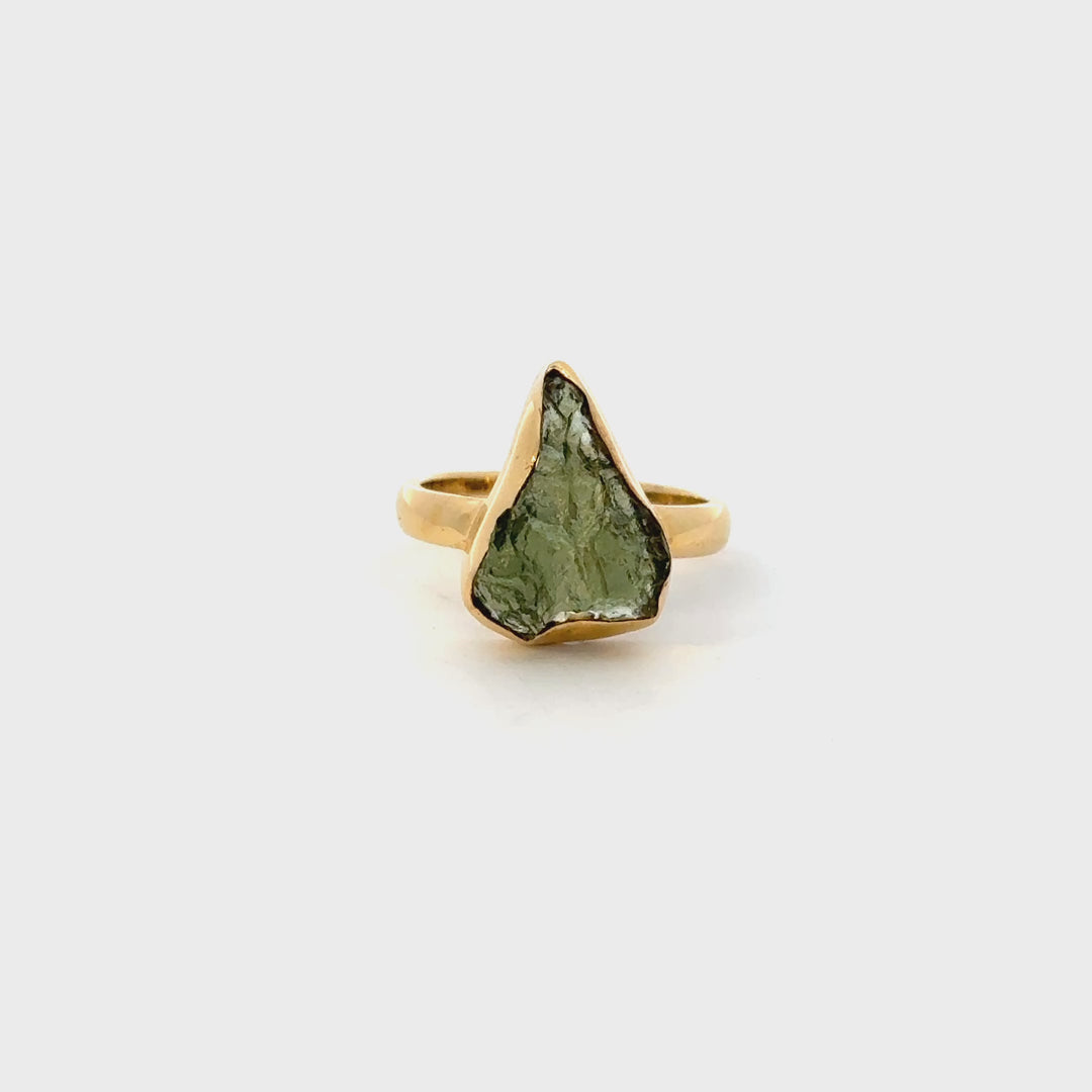 Raw Moldavite Bezel Set Ring in 18K Gold Over Sterling Silver