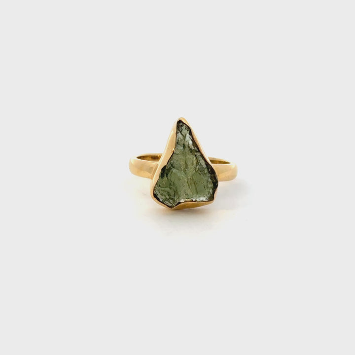 Raw Moldavite Bezel Set Ring in 18K Gold Over Sterling Silver