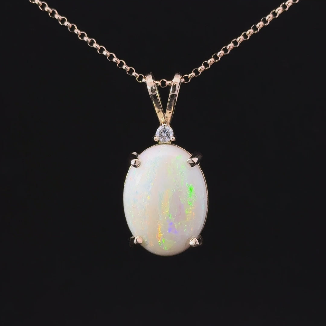 Australian White Opal & Diamond Pendant Necklace in 14K Yellow Gold