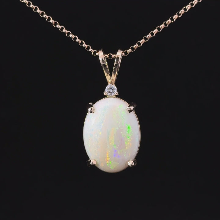 Australian White Opal & Diamond Pendant Necklace in 14K Yellow Gold