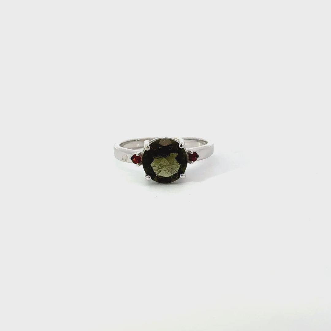 Moldavite & Garnet Ring in Sterling Silver