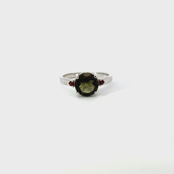 Moldavite & Garnet Ring in Sterling Silver