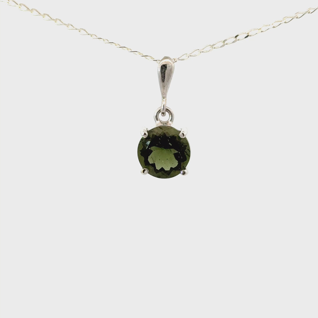 Round-Cut Faceted Moldavite Necklace in Sterling Silver