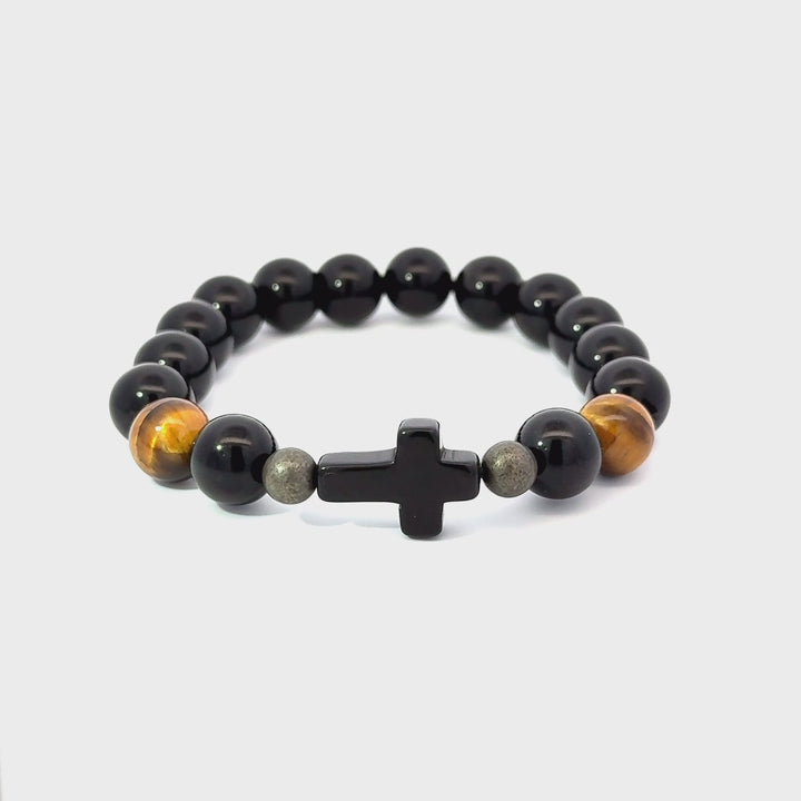 Black Obsidian, Tiger’s Eye & Pyrite Cross Protection Beaded Bracelet