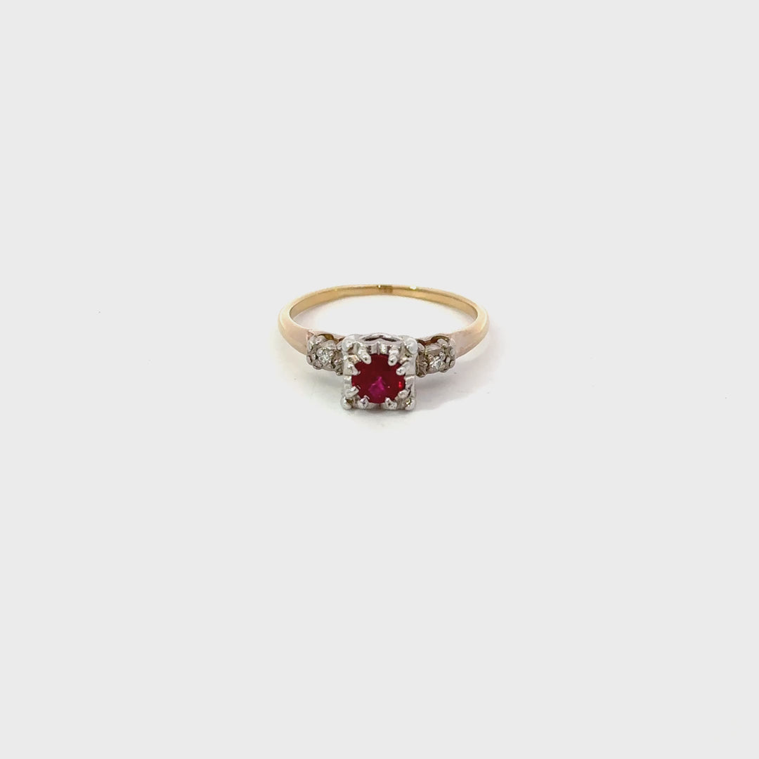 Vintage Ruby & Diamond Ring in 14K White & Yellow Gold