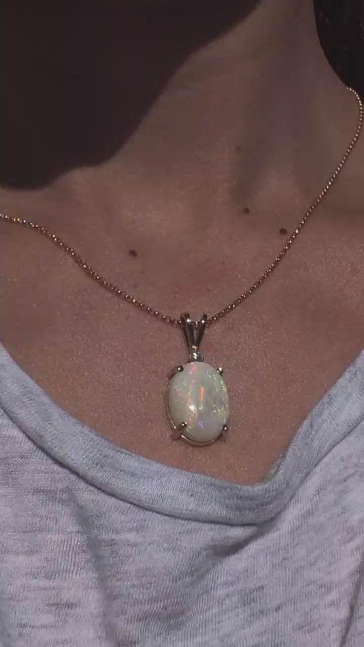 Australian White Opal & Diamond Pendant Necklace in 14K Yellow Gold