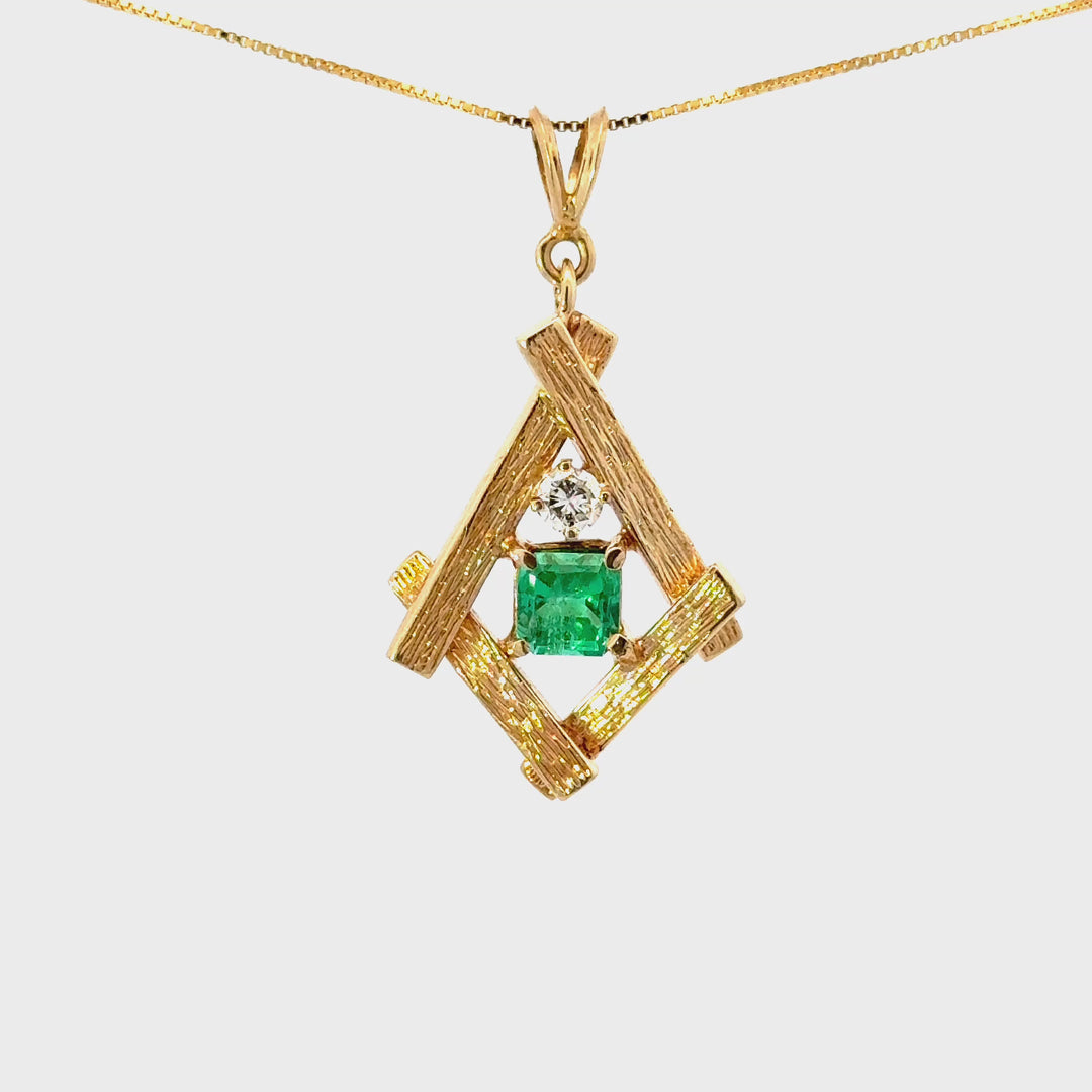 Vintage Emerald & Diamond Pendant in 14k Yellow Gold