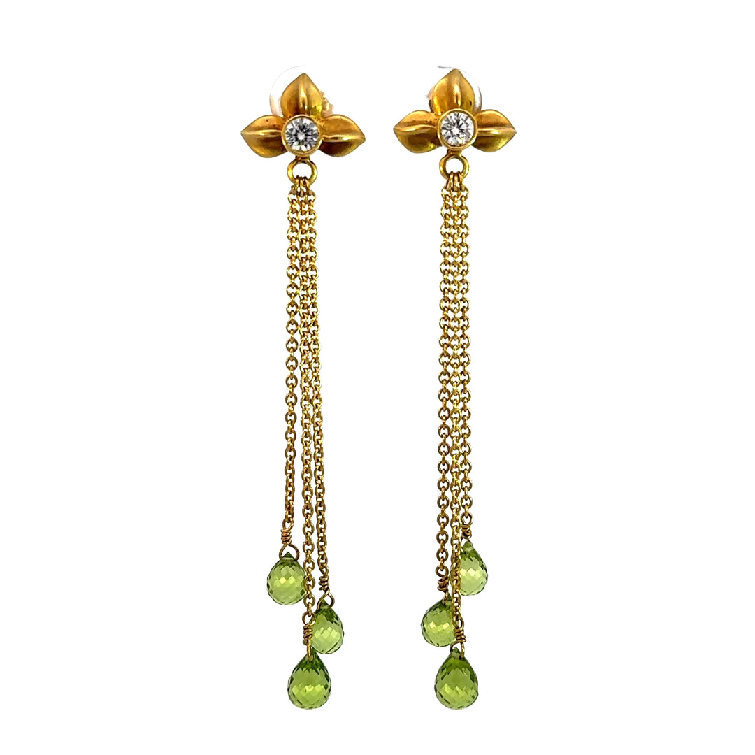 Vintage Briolette Cut Peridot and Round Cut Diamond Dangle Earrings in 14K Yellow Gold