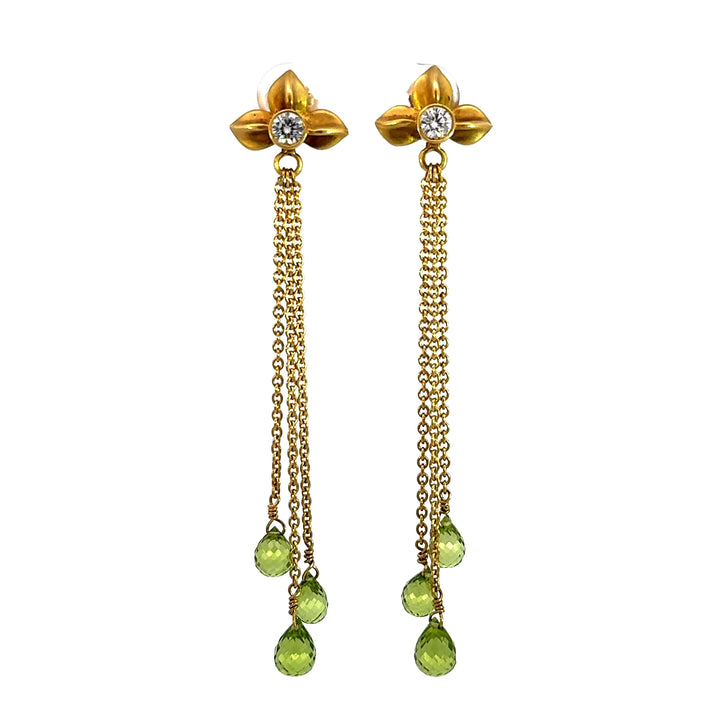 Vintage Briolette Cut Peridot and Round Cut Diamond Dangle Earrings in 14K Yellow Gold