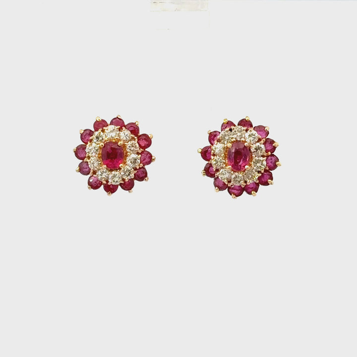 Vintage Ruby & Diamond Floral Cluster Stud Earrings with Ruby Jackets in 14K Yellow Gold