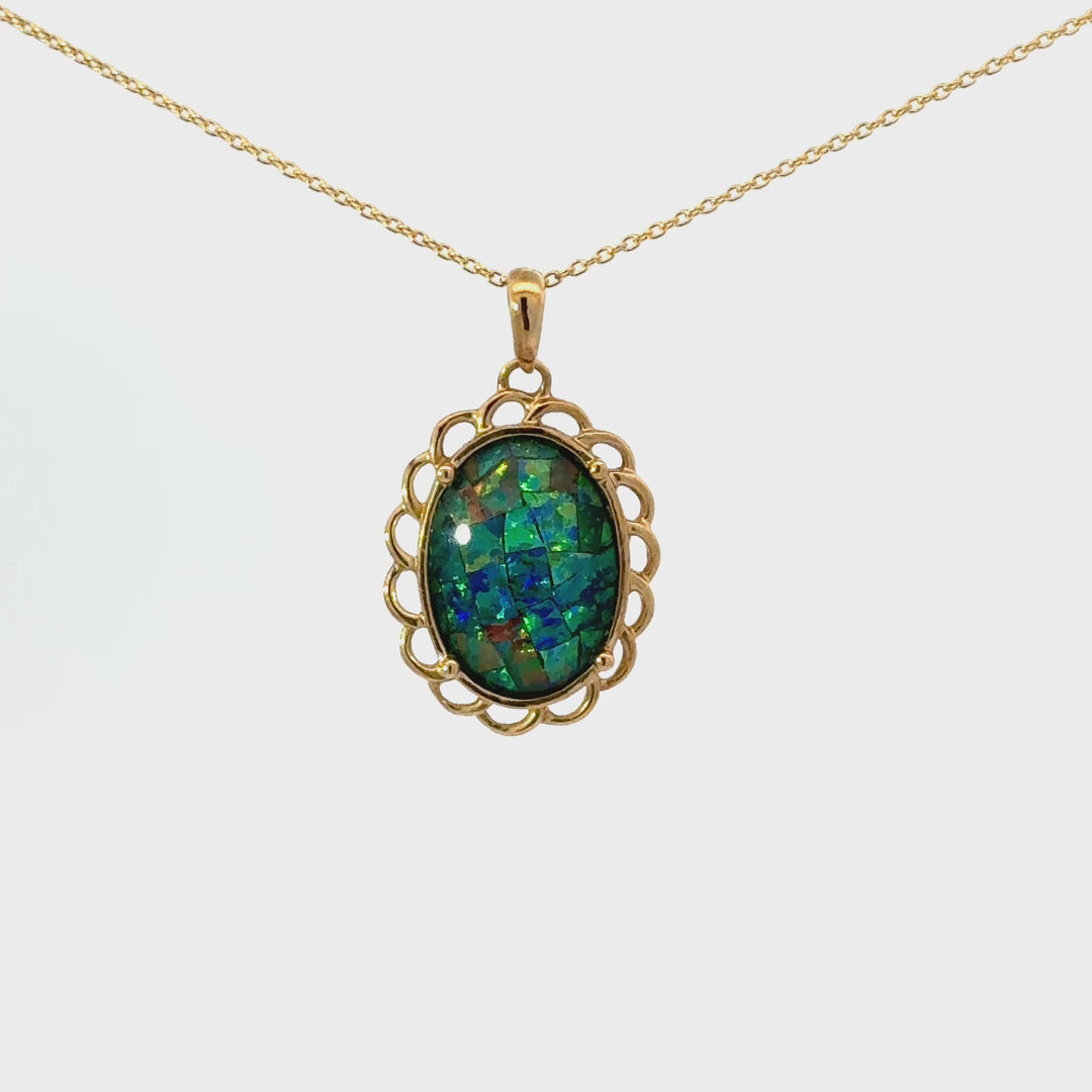 Vintage Australian Mosaic Opal Triplet Necklace in 10K Yellow Gold