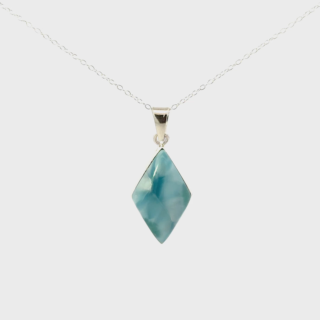 Polished Larimar Diamond Cabochon Necklace in Sterling Silver