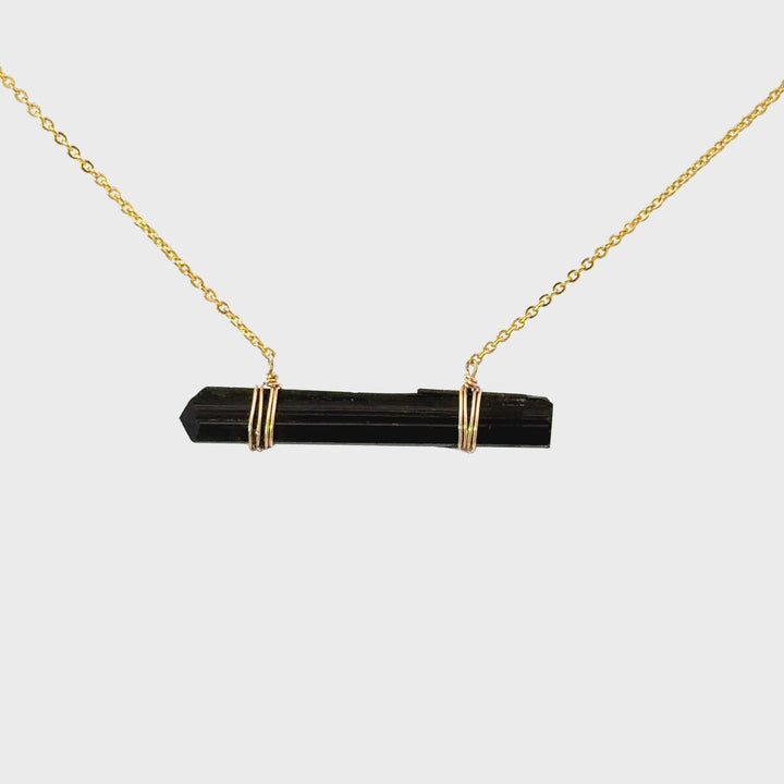 Black Tourmaline Bar Necklace in Gold Over Sterling Silver