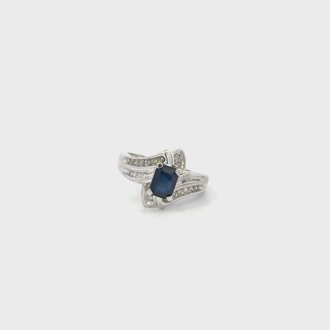 Vintage Blue Sapphire & Diamond Ring in 10K White Gold