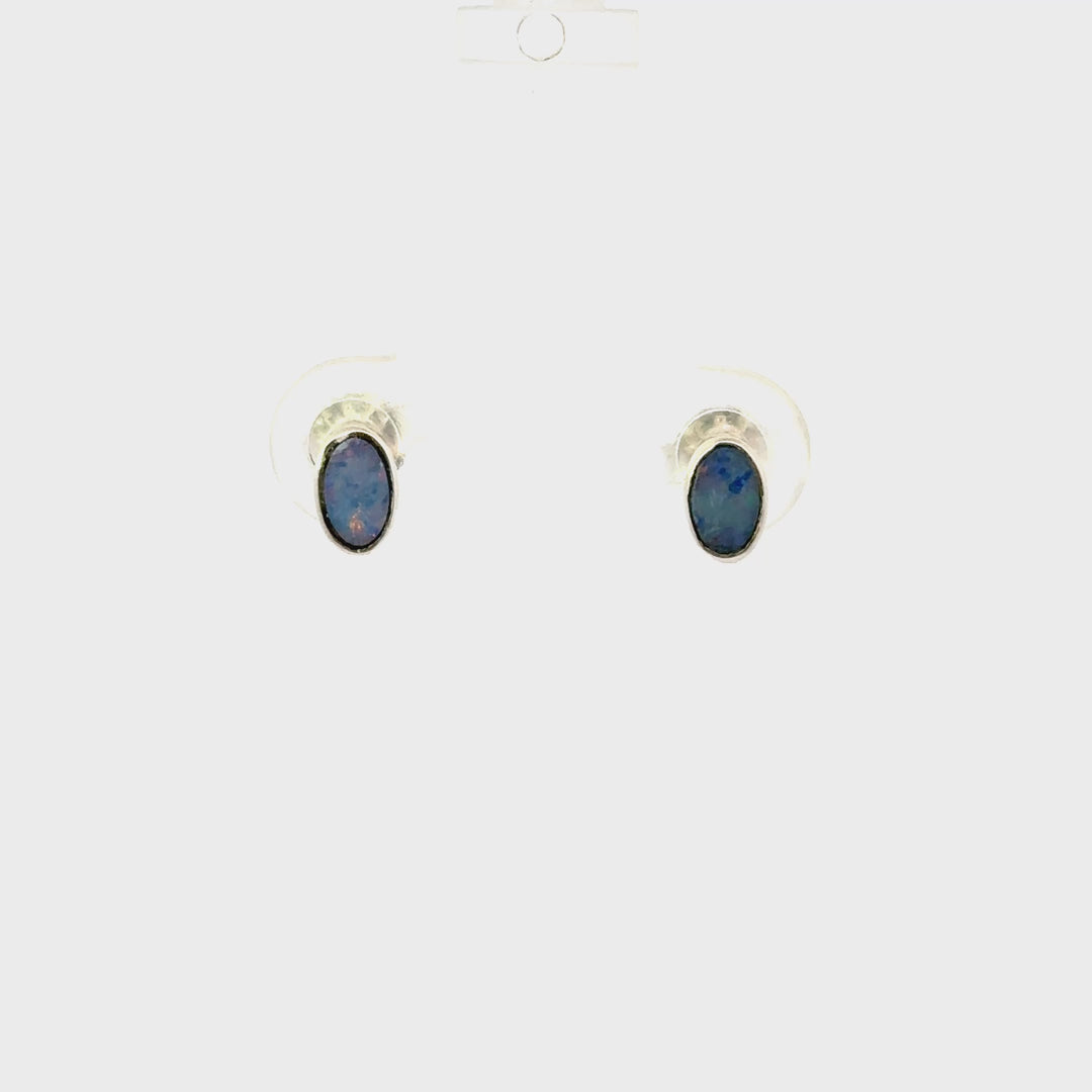 Oval-Cut Australian Opal Stud Earrings in Sterling Silver