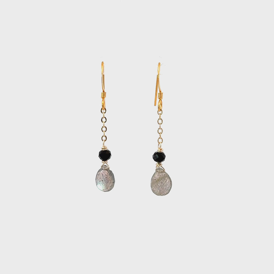 Labradorite & Black Onyx Dainty Chain Earrings in 18K Gold Over Brass