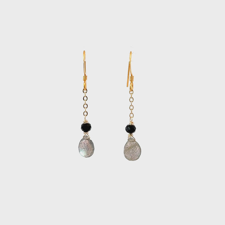 Labradorite & Black Onyx Dainty Chain Earrings in 18K Gold Over Brass