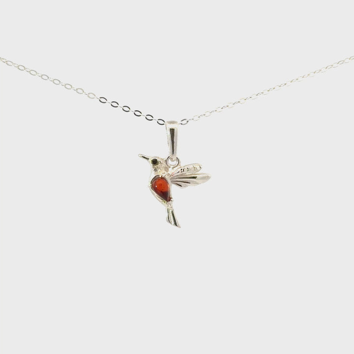 Amber Hummingbird Necklace in Sterling Silver