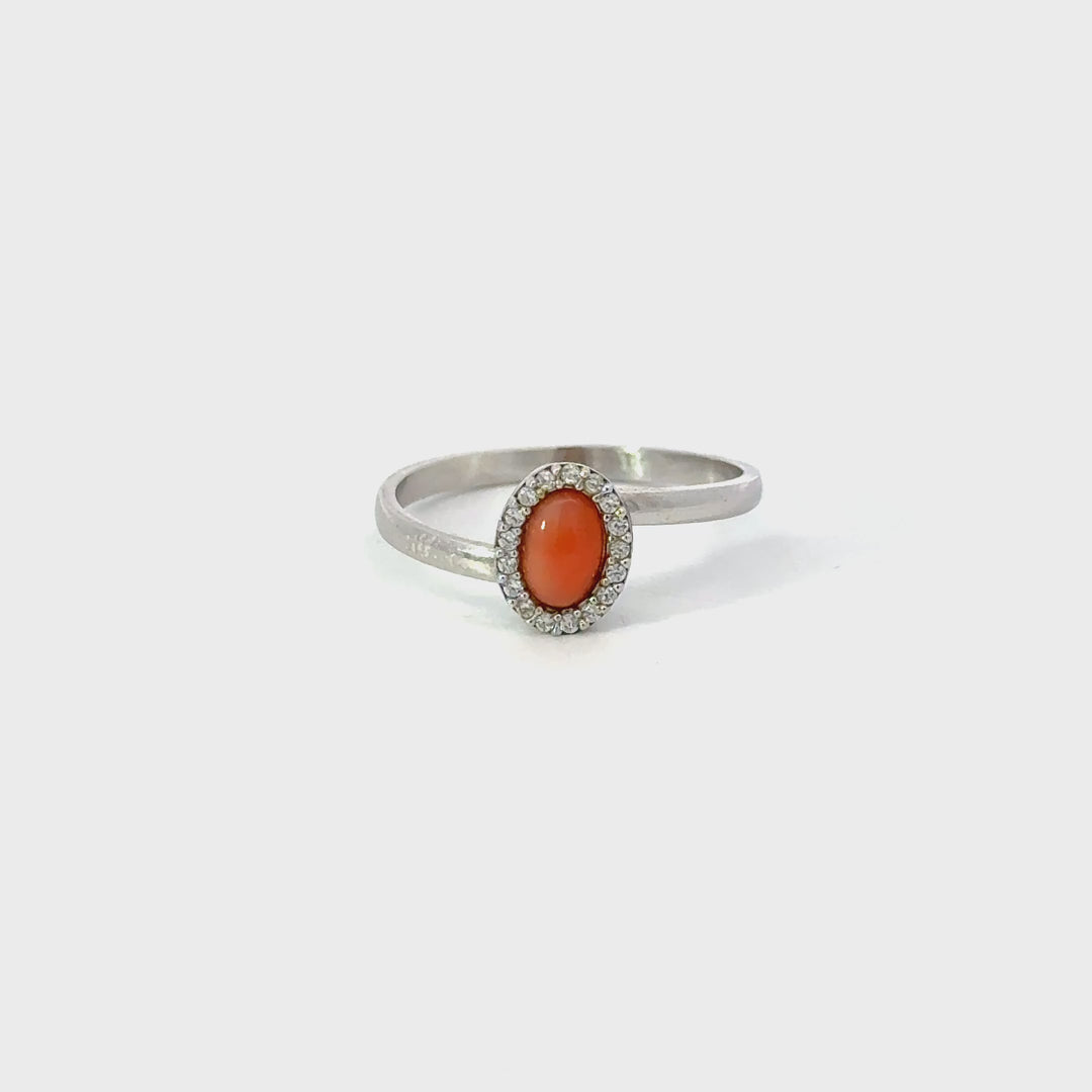 Italian Red Coral & CZ Oval Halo Adjustable Ring in Sterling Silver
