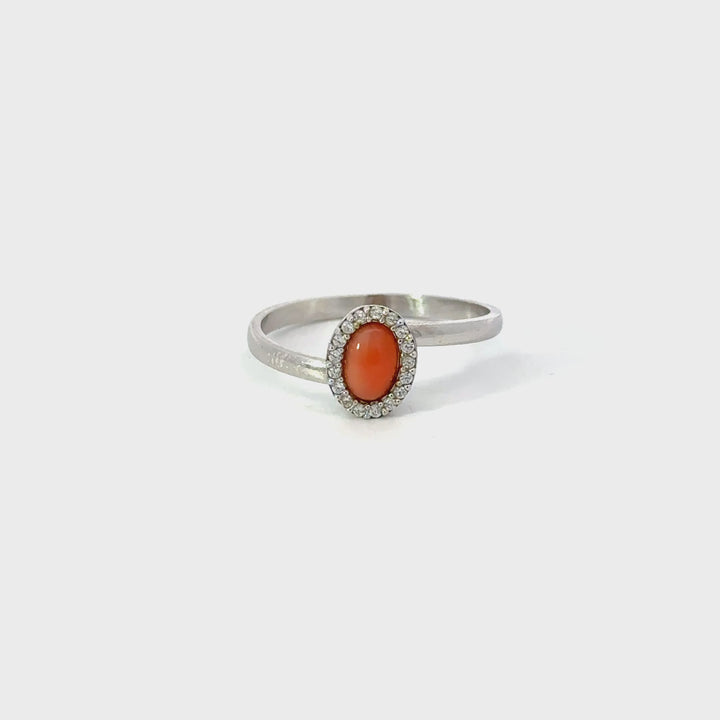 Italian Red Coral & CZ Oval Halo Adjustable Ring in Sterling Silver