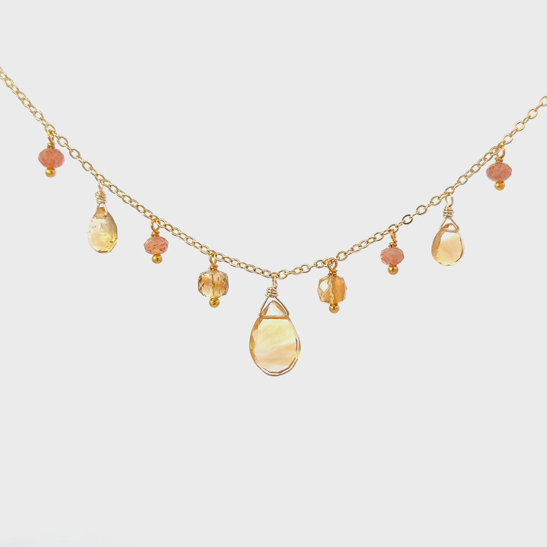 Citrine & Sunstone Goddess Fringe Necklace in 18K Gold Over Brass