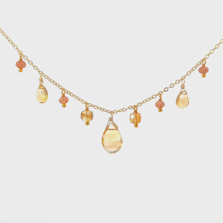 Citrine & Sunstone Goddess Fringe Necklace in 18K Gold Over Brass