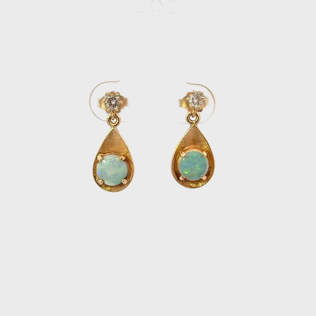 Vintage Opal & Diamond Earrings in 14K Yellow Gold