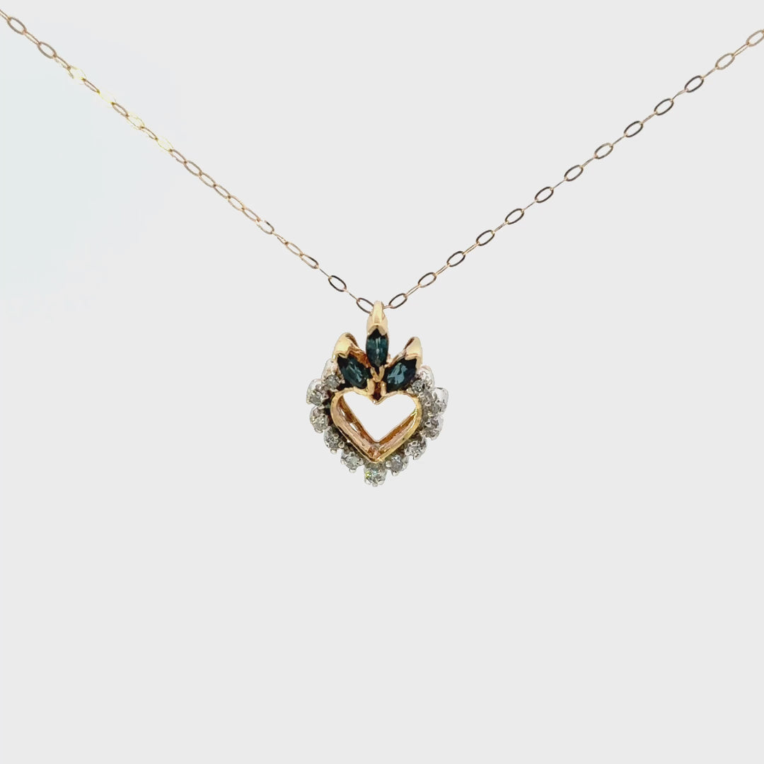Vintage Blue Sapphire & Diamond Heart Necklace in 14K Gold