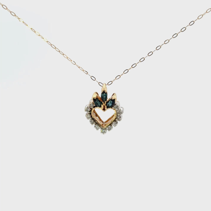 Vintage Blue Sapphire & Diamond Heart Necklace in 14K Gold