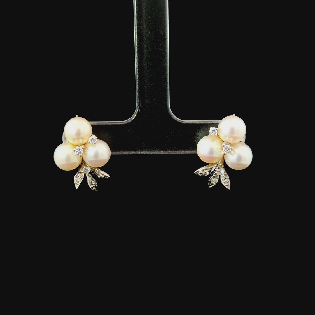 Vintage Pearl & Diamond Earrings in 14K White Gold