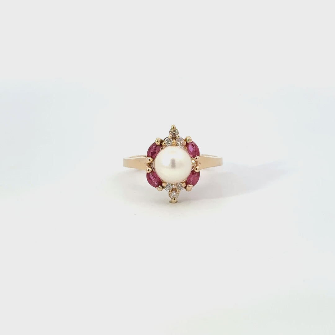 Vintage Pearl, Ruby & Diamond Ring in 14K Yellow Gold
