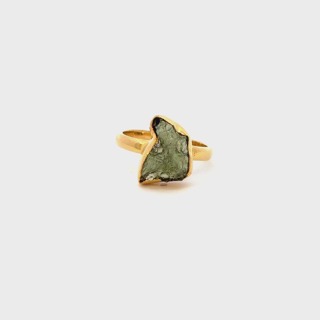 Raw Moldavite Bezel Set Ring in 18K Gold over Sterling Silver