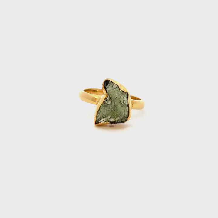 Raw Moldavite Bezel Set Ring in 18K Gold over Sterling Silver