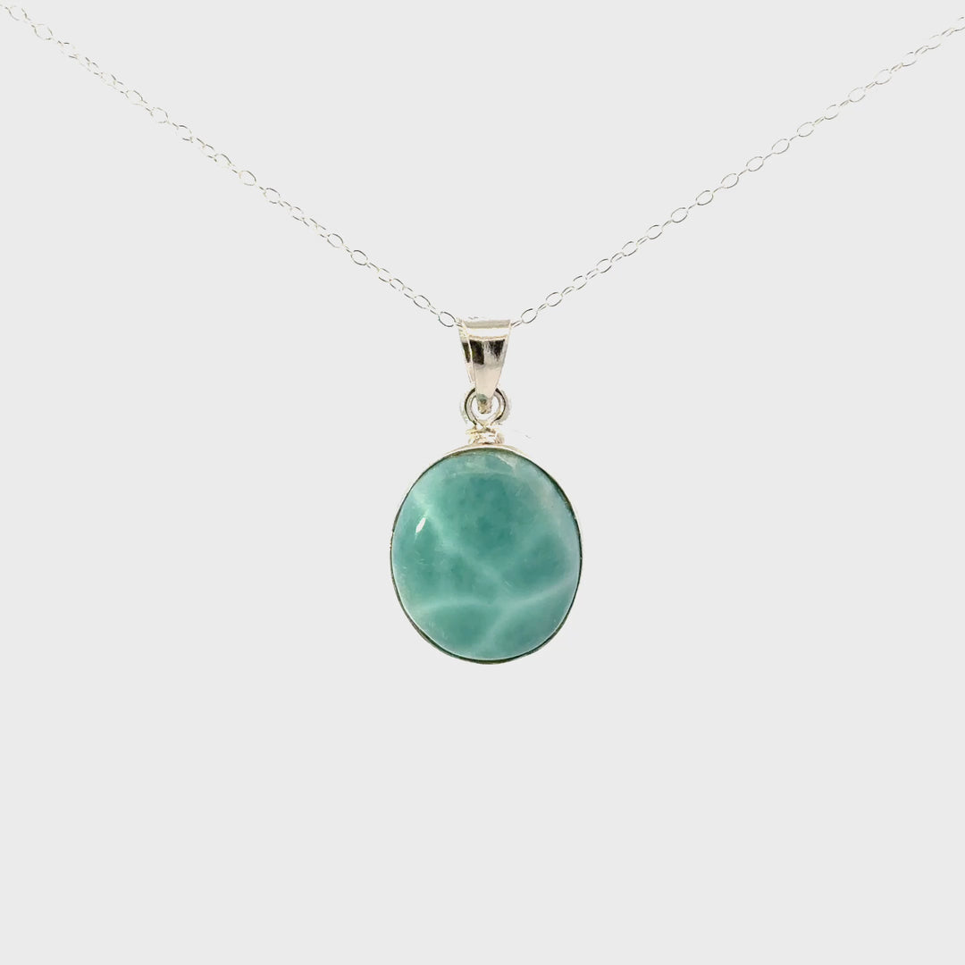 Polished Larimar Oval Cabochon Necklace in Sterling Silver