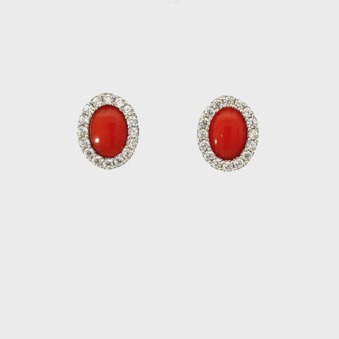 Italian Red Coral & CZ Halo Stud Earrings in Sterling Silver