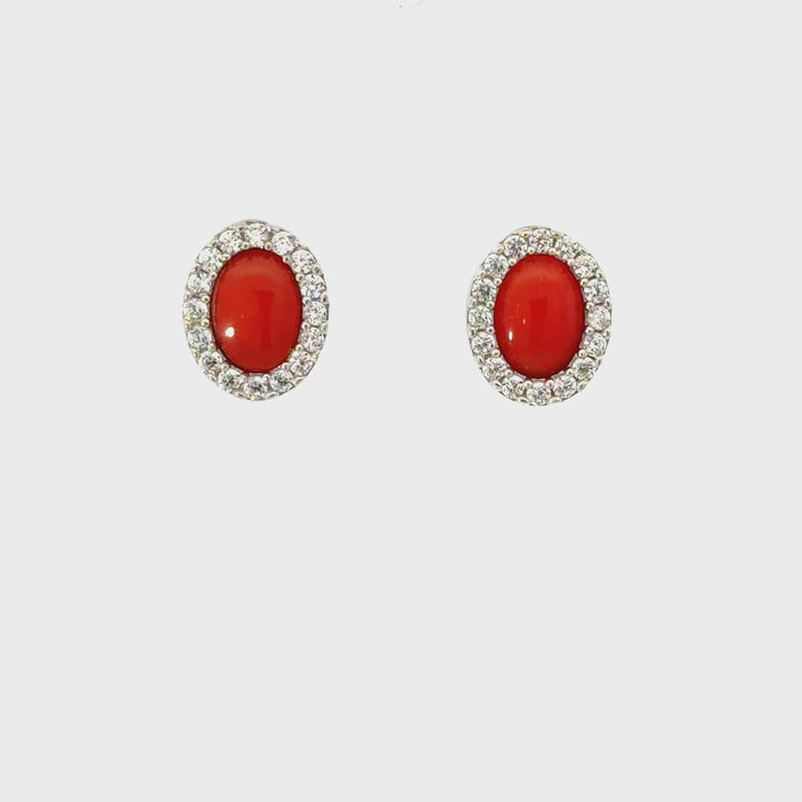 Italian Red Coral & CZ Halo Stud Earrings in Sterling Silver