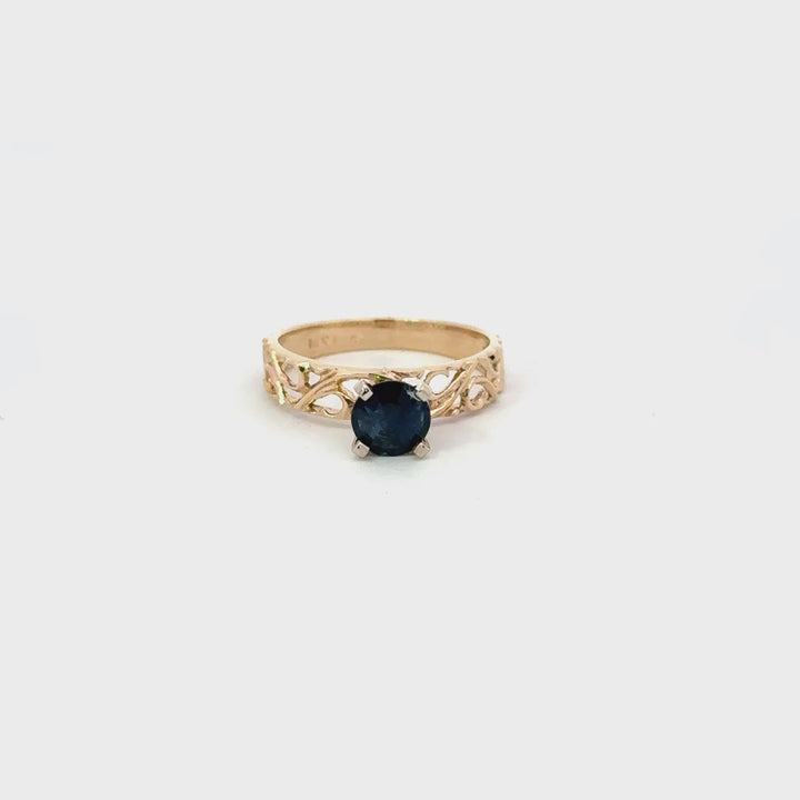 Vintage Blue Sapphire Two-Tone Filigree Ring in 14K Gold