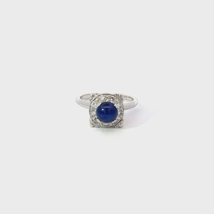 Vintage Star Blue Sapphire & Diamond Ring in 14K White Gold