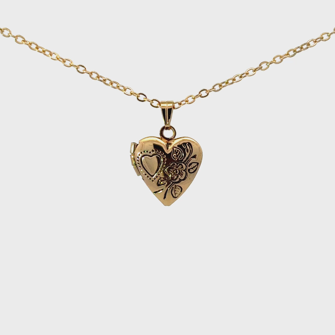 Floral Etched Gold Heart Locket Necklace in Gold Tone Metal