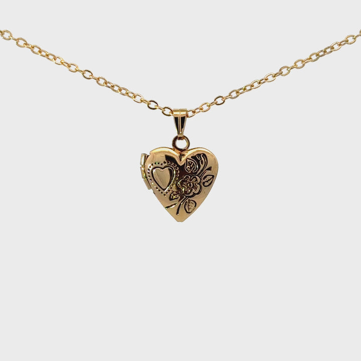 Floral Etched Gold Heart Locket Necklace in Gold Tone Metal