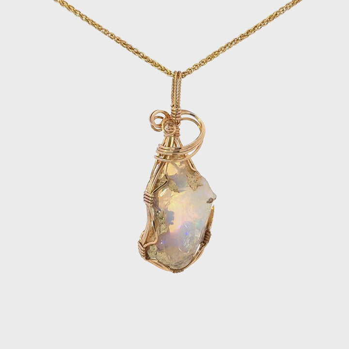 Gold-Filled Wire Wrapped Raw Ethiopian Opal Necklace on 14K Yellow Gold Chain