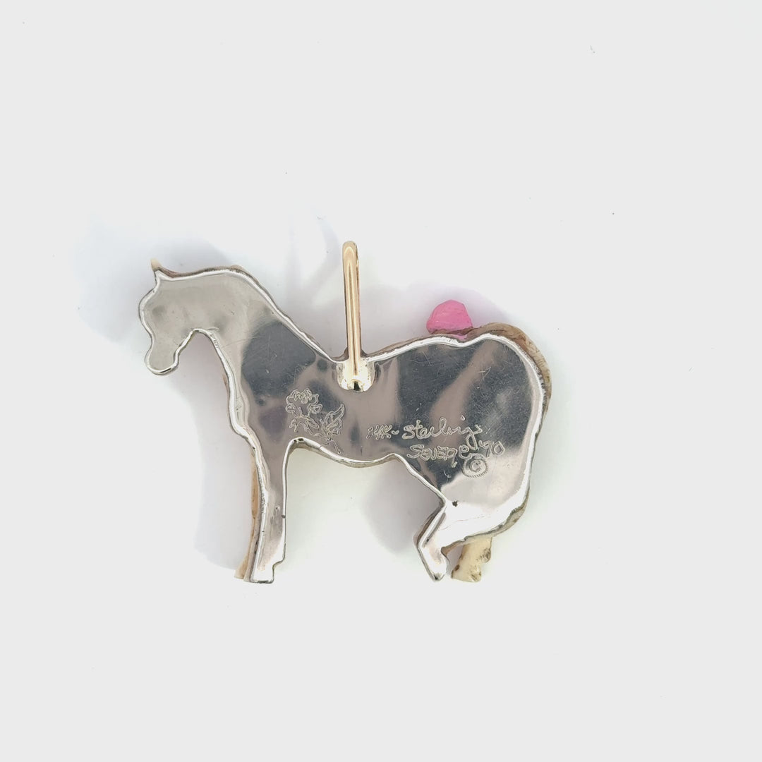Vintage Enamel Bone Horse Pendant in Sterling Silver & 14k Yellow Gold