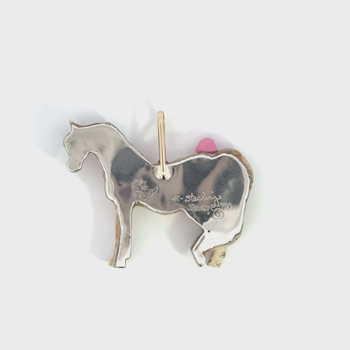 Vintage Enamel Bone Horse Pendant in Sterling Silver & 14k Yellow Gold