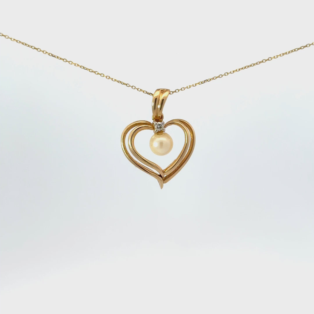 Vintage Pearl & Diamond Heart Necklace in 14K Yellow Gold