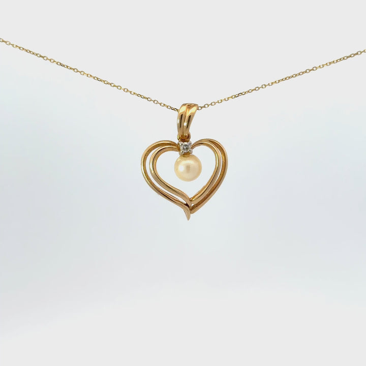 Vintage Pearl & Diamond Heart Necklace in 14K Yellow Gold