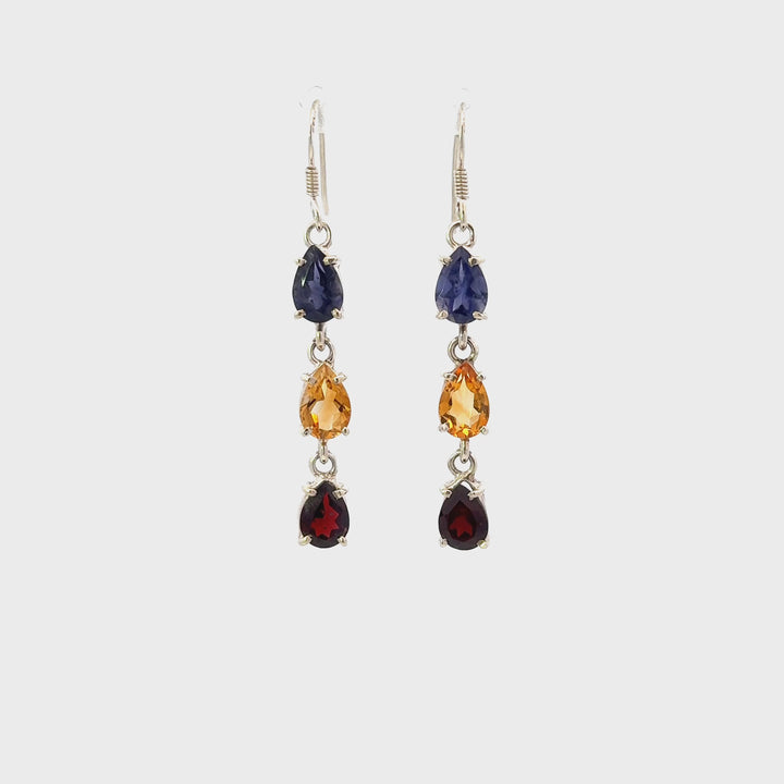 Amethyst, Citrine & Garnet Dangle Earrings in Sterling Silver
