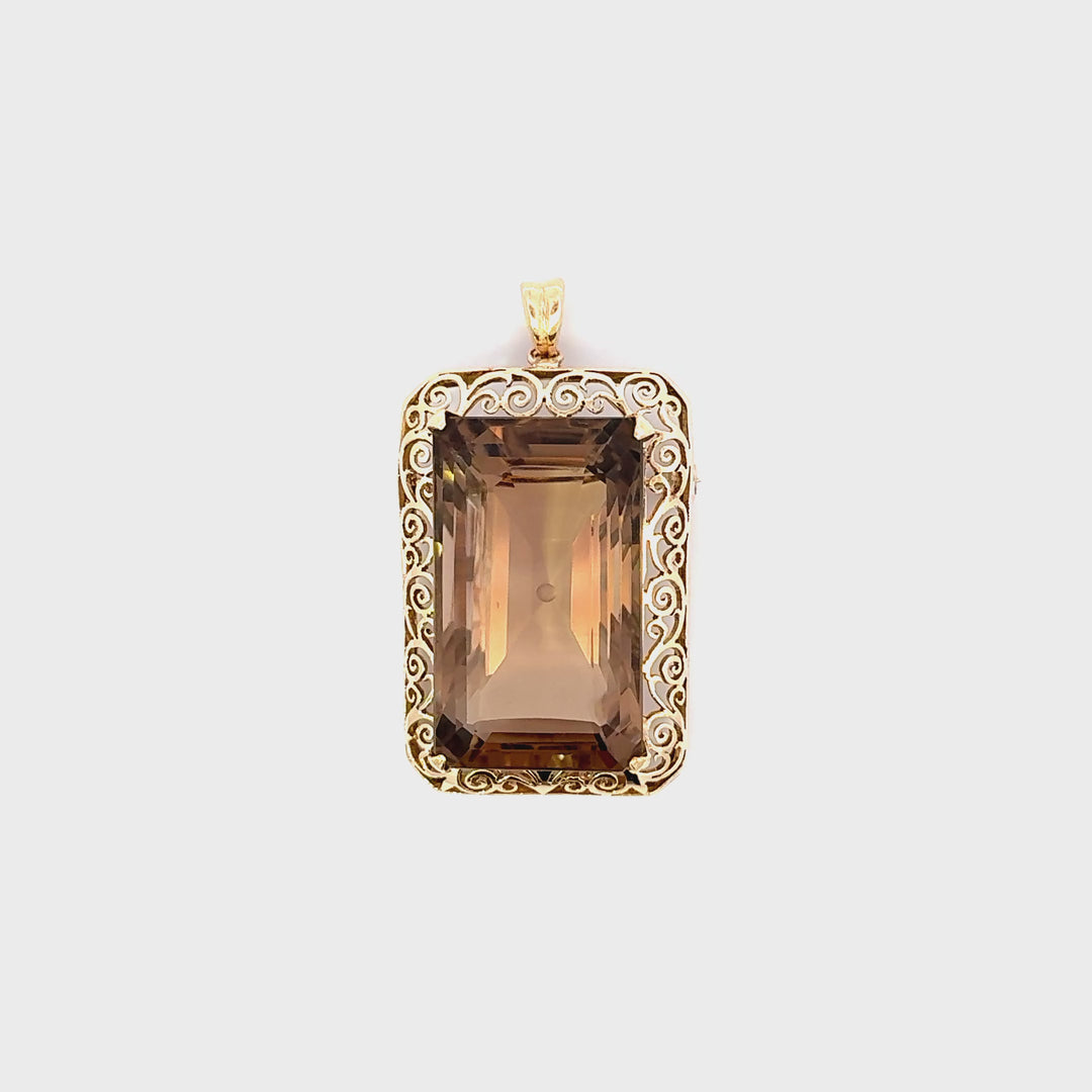 Vintage Smoky Quartz Pendant Brooch in 10K Filigree with 18K Gold Bail