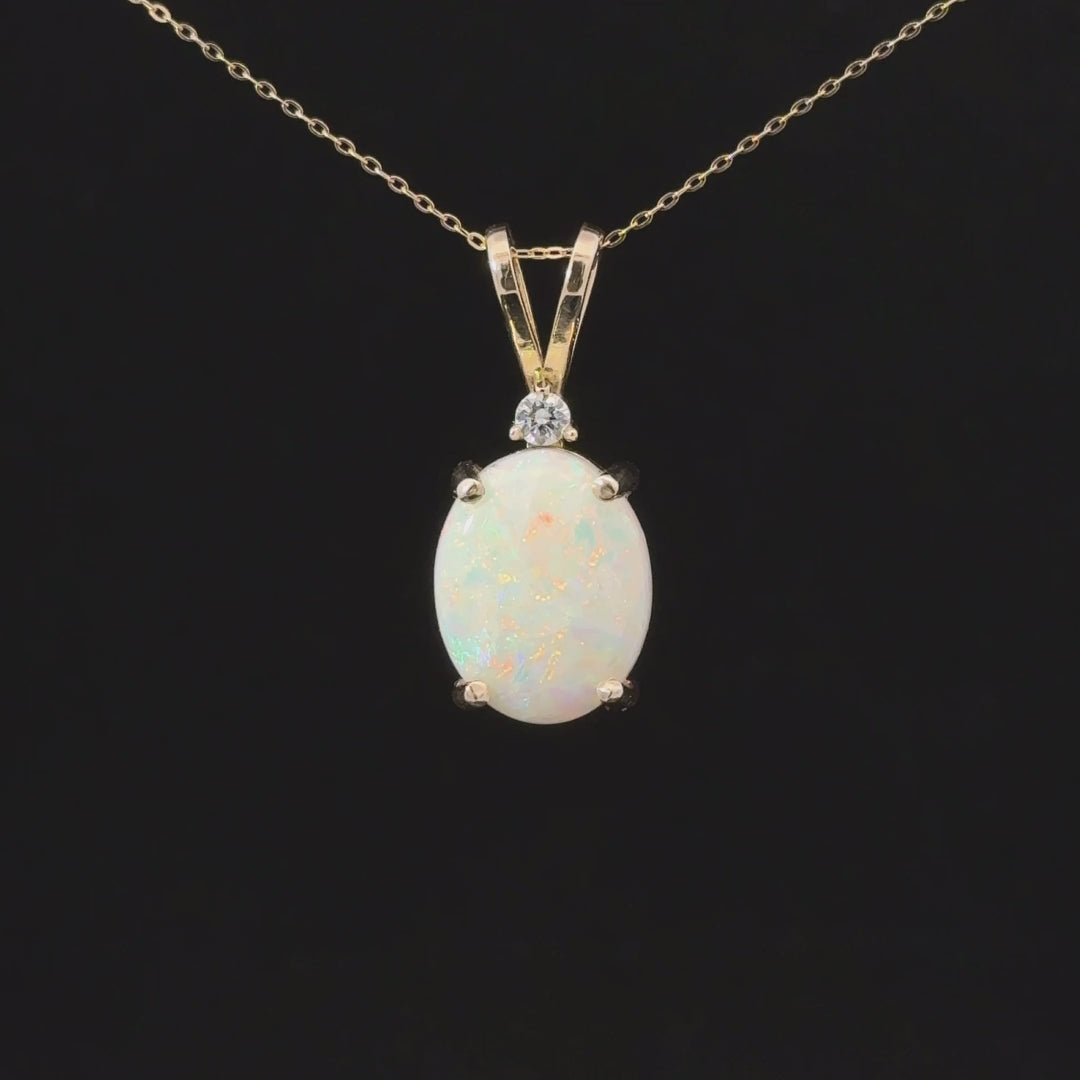 Australian White Opal & Diamond Necklace in 14K Yellow Gold